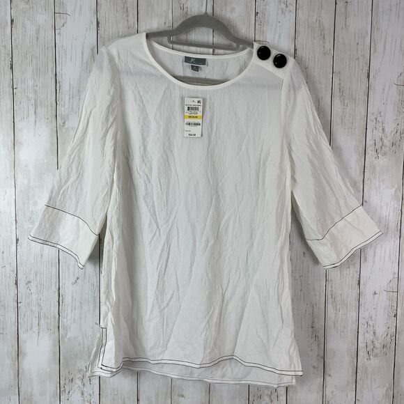 JM Collection Textured Top M 3/4 Sleeve White W/Black Stitching Button D… - Picture 1 of 12